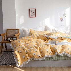 3/4 Pcs Pastoral Floral Daisy Cotton Princess Style Cotton Quilt Cover Korean Style Sheets Girl Heart Dormitory Double