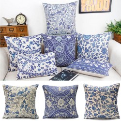 Vintage Oriental Cushion Cover Blue Floral Cotton Linen Pillow Case Home Sofa Decor