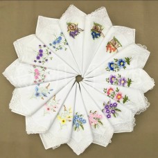 6pcs Women Butterfly Flower Embroidery Cotton Lace Handkerchiefs Floral Assorted